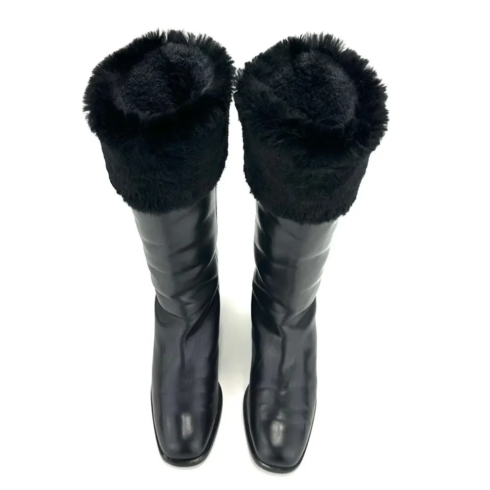 Bally Women Black Winter Knee High Boot Sz 36/5.5 Leather Foldable FurTrim Lined